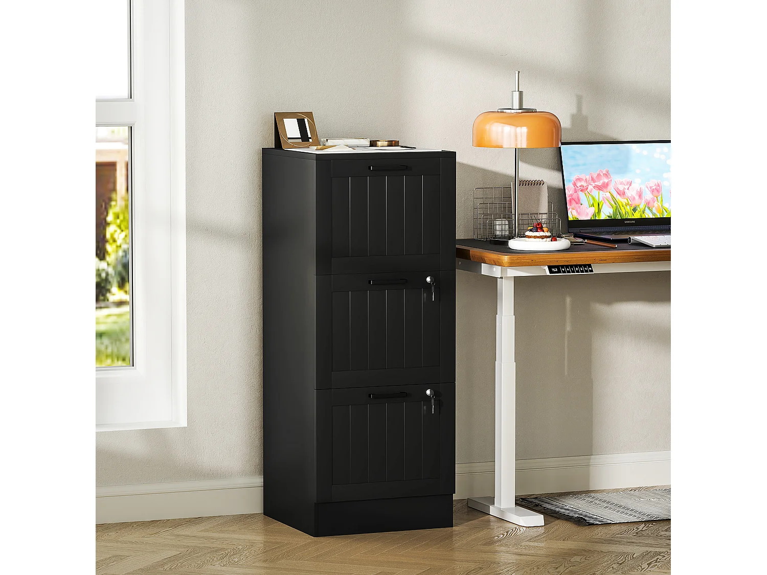 Caisson bureau 2+1 tiroir verrouillable dossiers suspendus dim. 40x40x101cm MDF noir