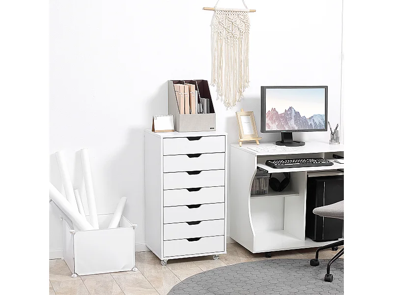 Caisson bureau - rangement bureau 7 tiroirs - dim. 47,5L x 39,5l x 90H cm - blanc
