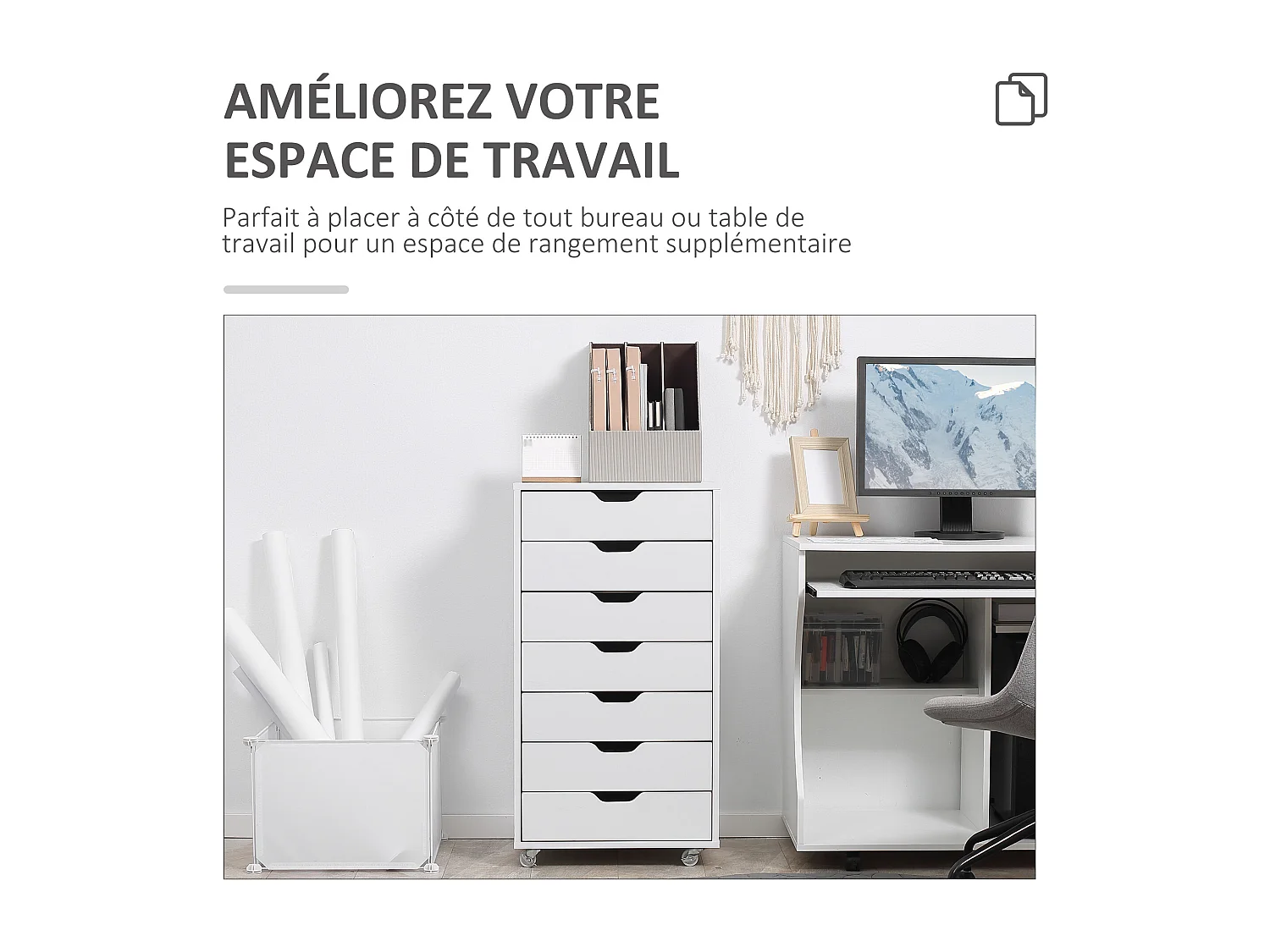 Caisson bureau - rangement bureau 7 tiroirs - dim. 47,5L x 39,5l x 90H cm - blanc