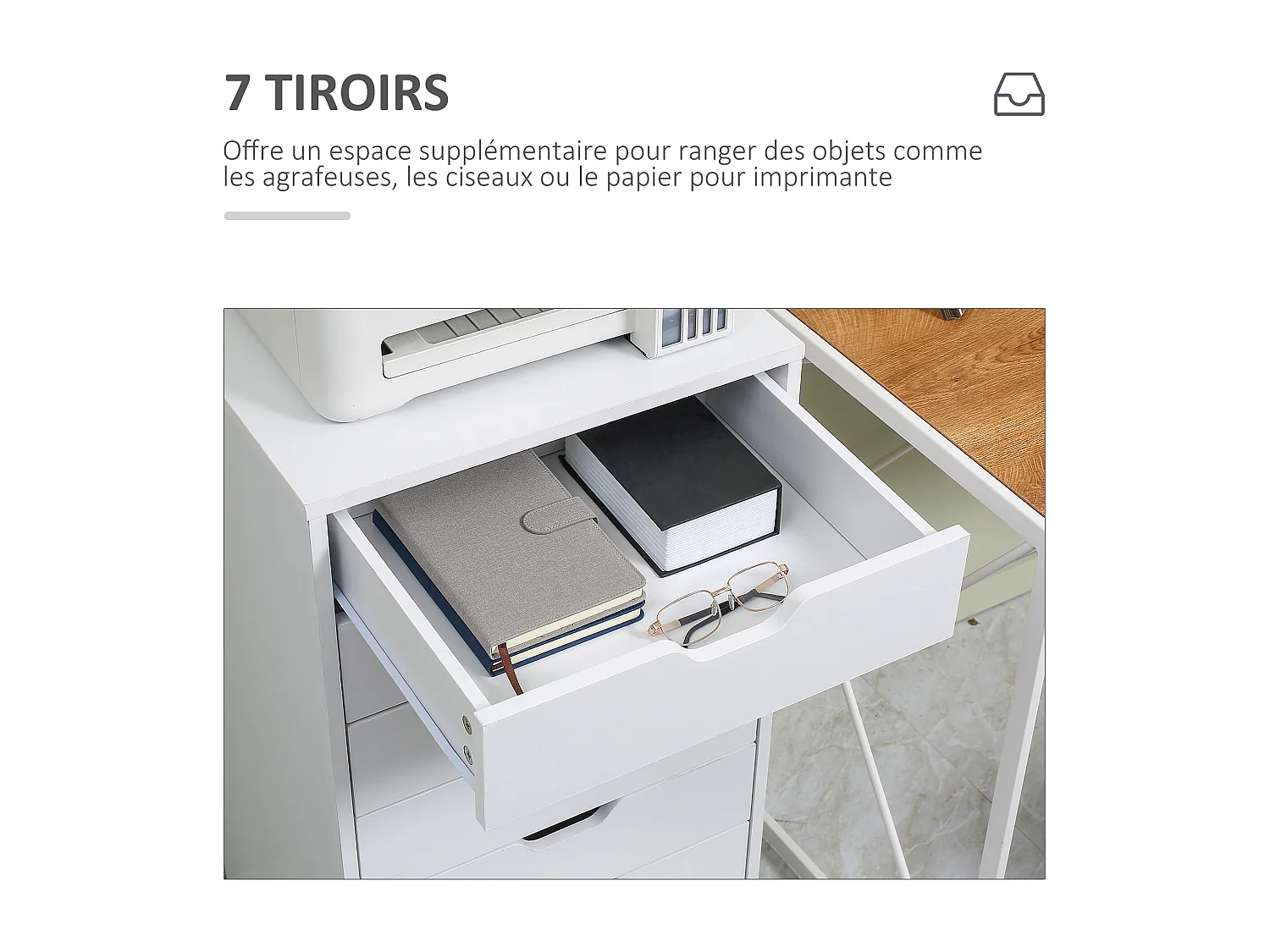 Caisson bureau - rangement bureau 7 tiroirs - dim. 47,5L x 39,5l x 90H cm - blanc