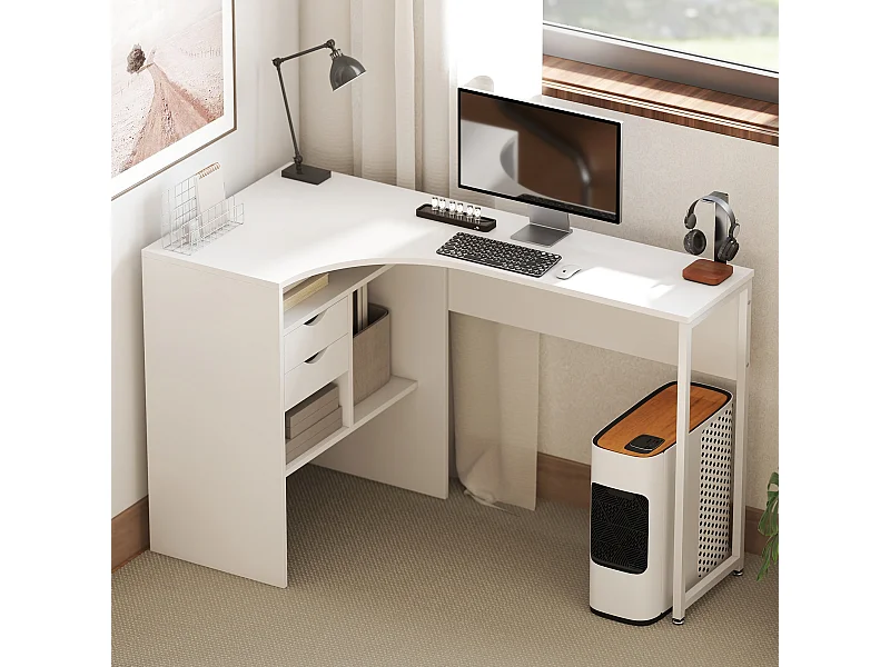 Bureau d'angle bureau informatique multimédia multi-rangement métal panneaux particules blanc