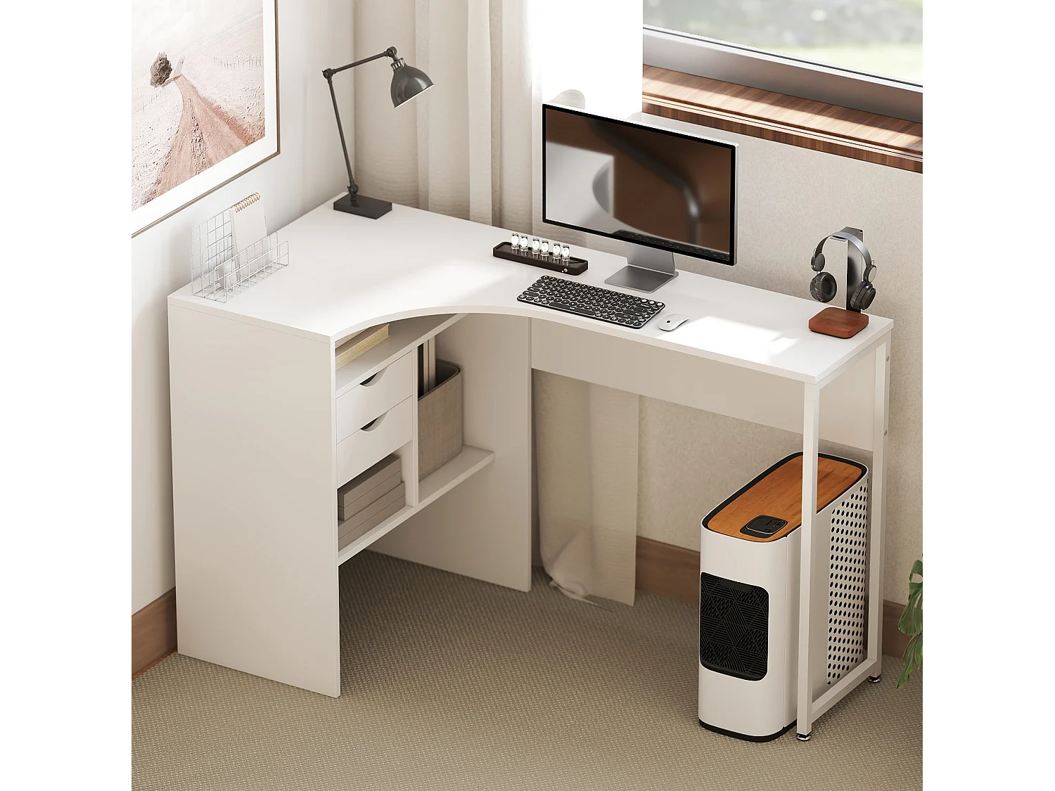 Bureau d'angle bureau informatique multimédia multi-rangement métal panneaux particules blanc