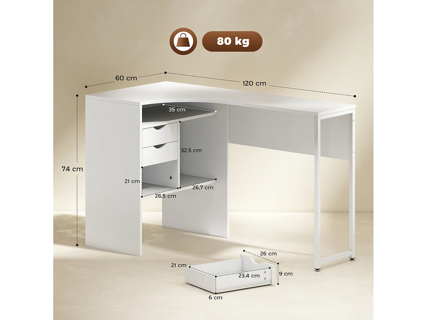 Bureau d'angle bureau informatique multimédia multi-rangement métal panneaux particules blanc
