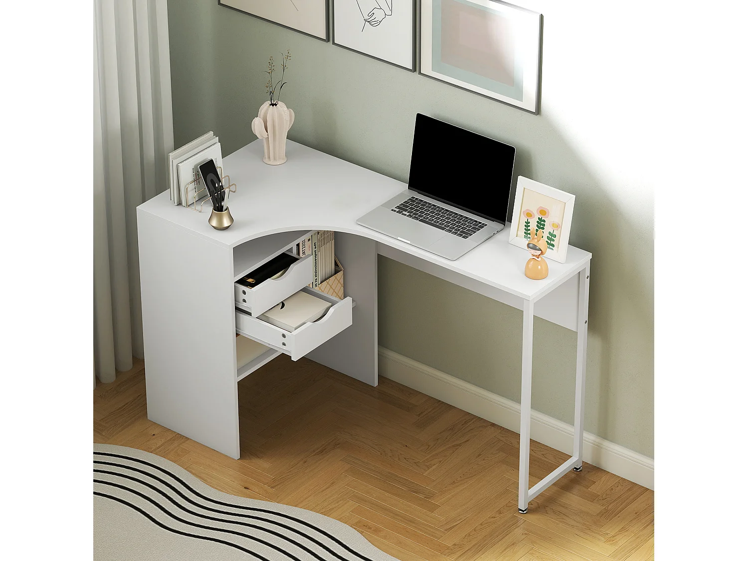 Bureau d'angle bureau informatique multimédia multi-rangement métal panneaux particules blanc