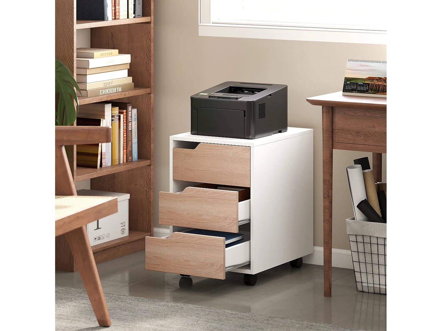 Caisson de bureau rangement sur roulettes 3 tiroirs verrouillables 40 x 50 x 57,5 cm MDF blanc effet bois