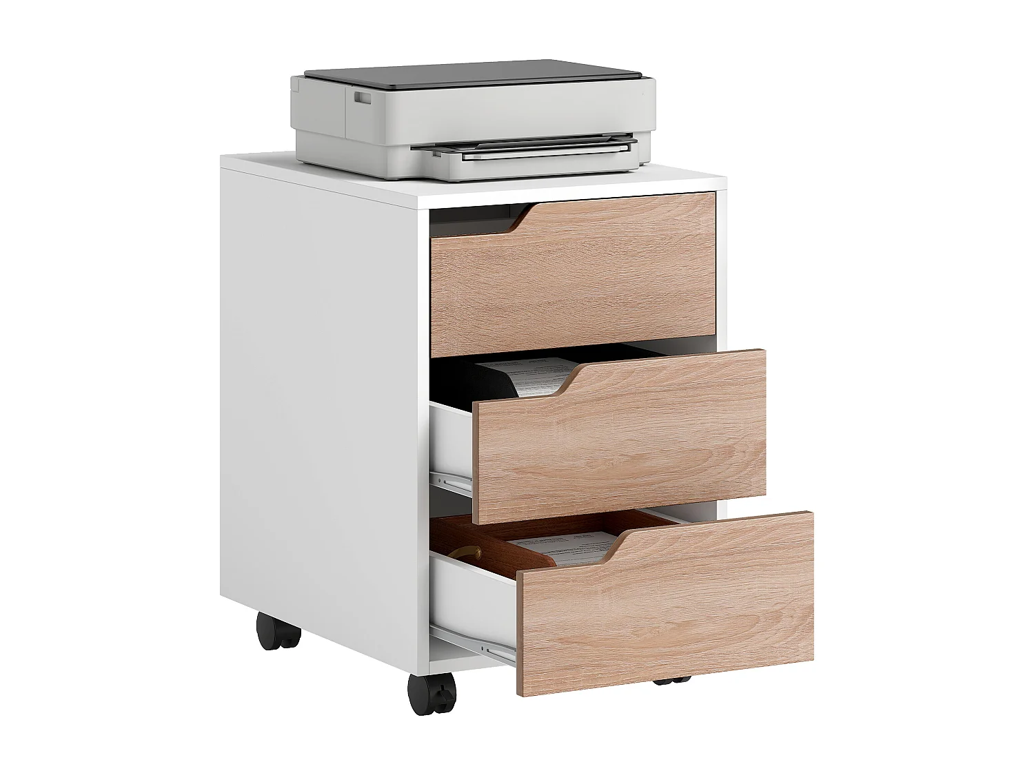 Caisson de bureau rangement sur roulettes 3 tiroirs verrouillables 40 x 50 x 57,5 cm MDF blanc effet bois