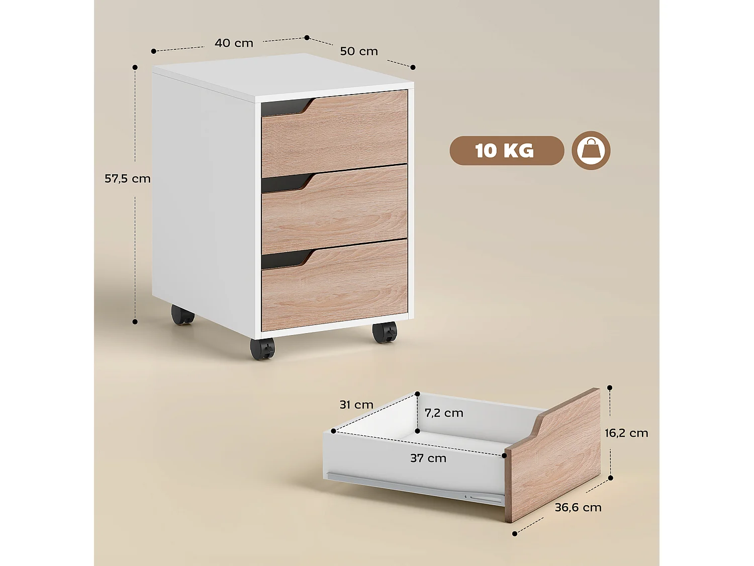 Caisson de bureau rangement sur roulettes 3 tiroirs verrouillables 40 x 50 x 57,5 cm MDF blanc effet bois