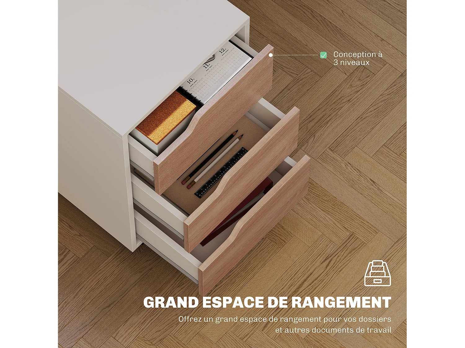 Caisson de bureau rangement sur roulettes 3 tiroirs verrouillables 40 x 50 x 57,5 cm MDF blanc effet bois