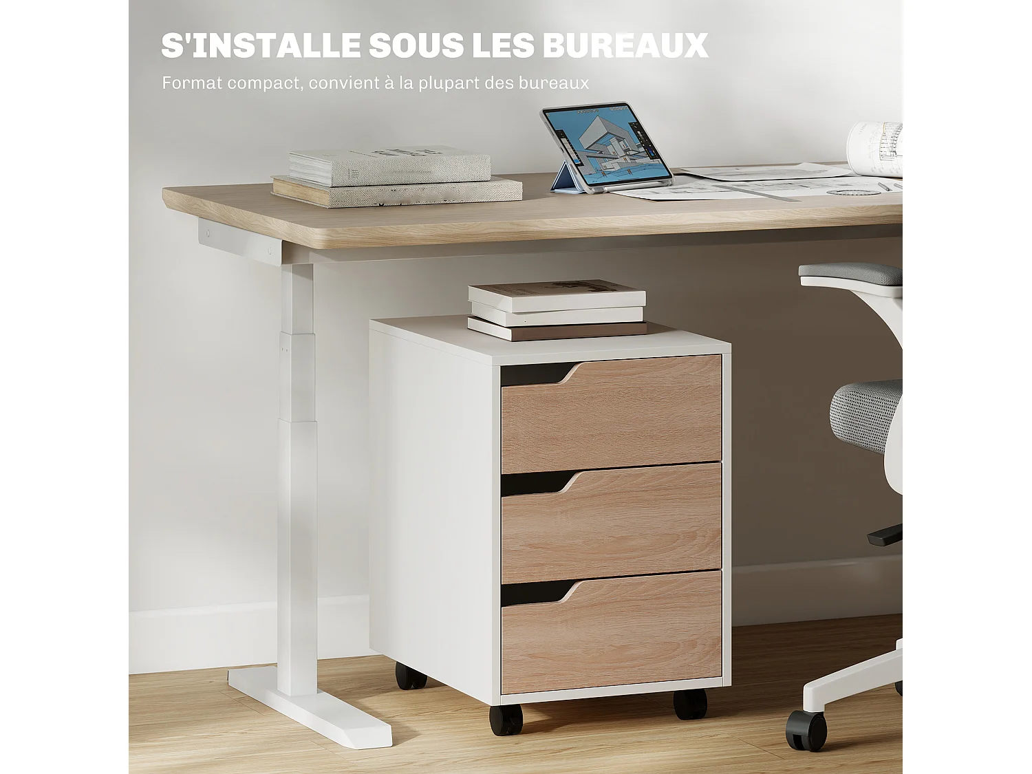 Caisson de bureau rangement sur roulettes 3 tiroirs verrouillables 40 x 50 x 57,5 cm MDF blanc effet bois