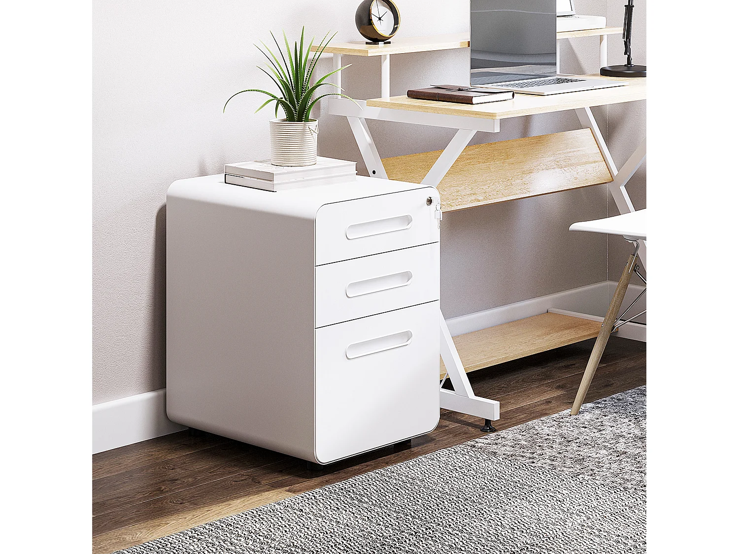 Caisson mobile 3 tiroirs - caisson bureau mobile verrouillable - acier laminé à froid blanc