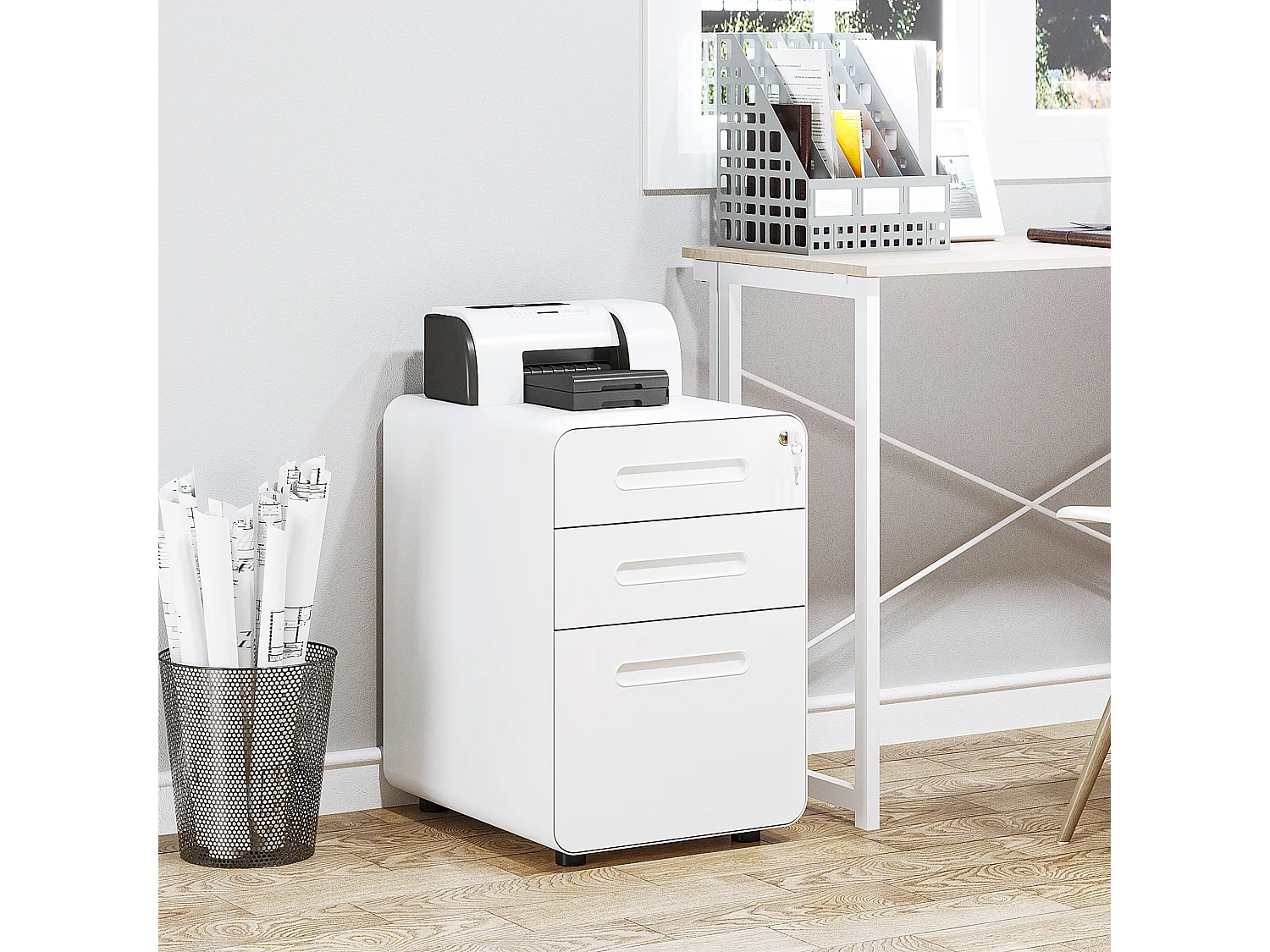 Caisson mobile 3 tiroirs - caisson bureau mobile verrouillable - acier laminé à froid blanc