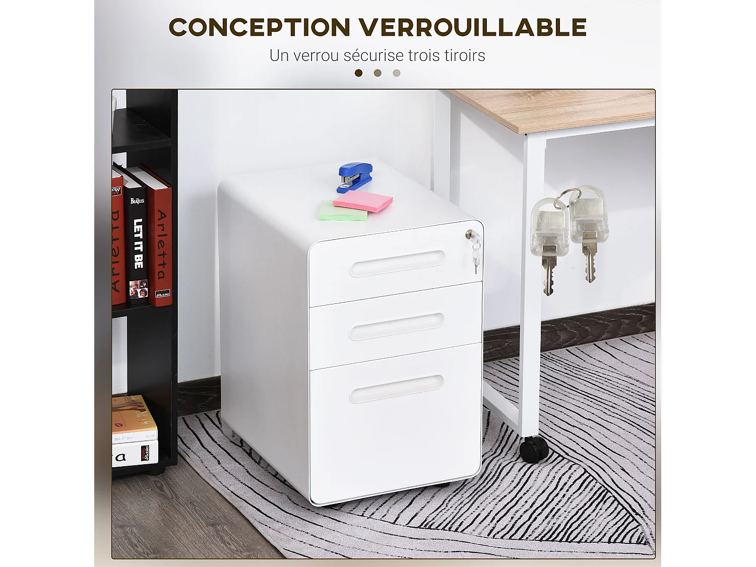 Caisson mobile 3 tiroirs - caisson bureau mobile verrouillable - acier laminé à froid blanc