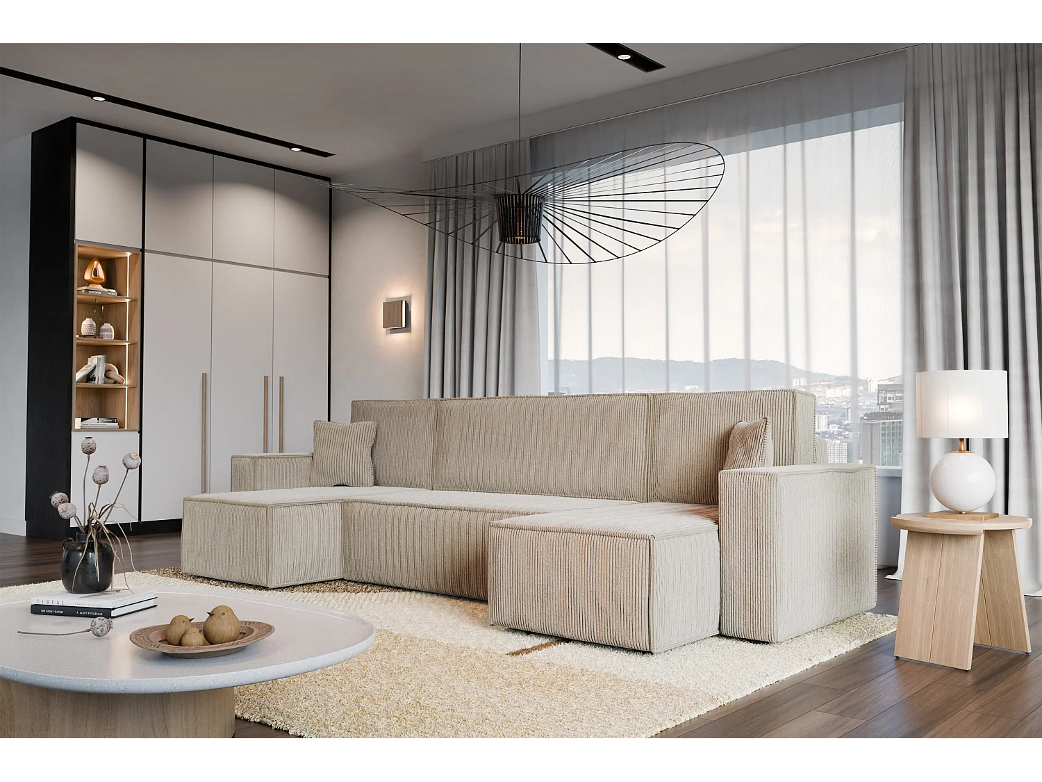 Canapé d'angle convertible 5 places en velours côtelé beige KARL