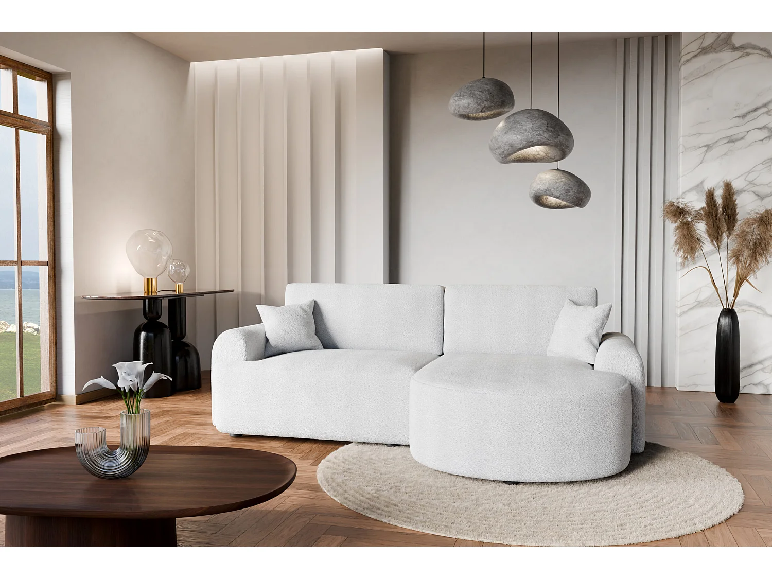 Canapé d’angle droit moderne avec fonction couchage en bouclé blanc – ARTE PREMIUM, direct fabricant