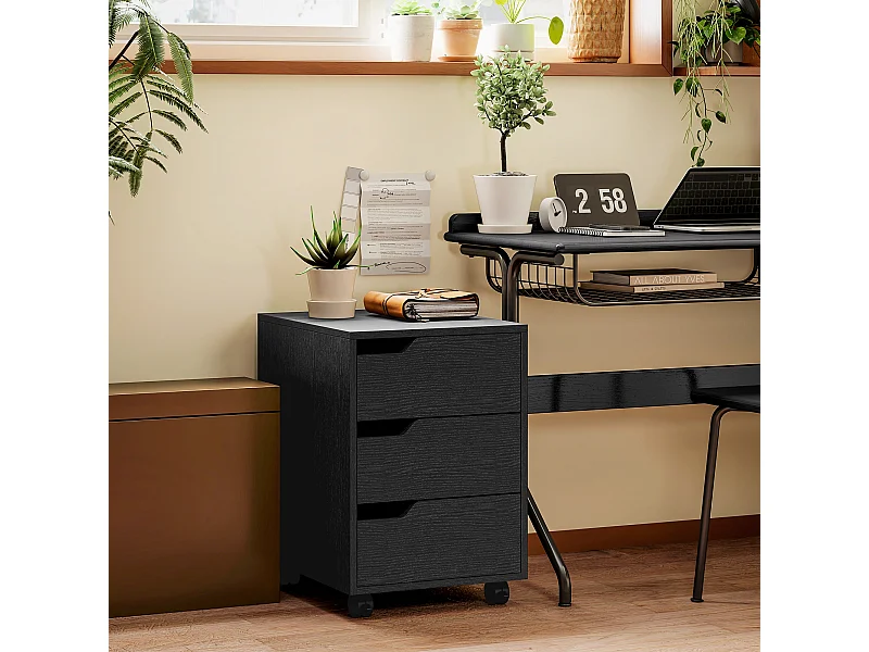 Caisson de bureau rangement sur roulettes 3 tiroirs verrouillables 40 x 50 x 57,5 cm MDF noir