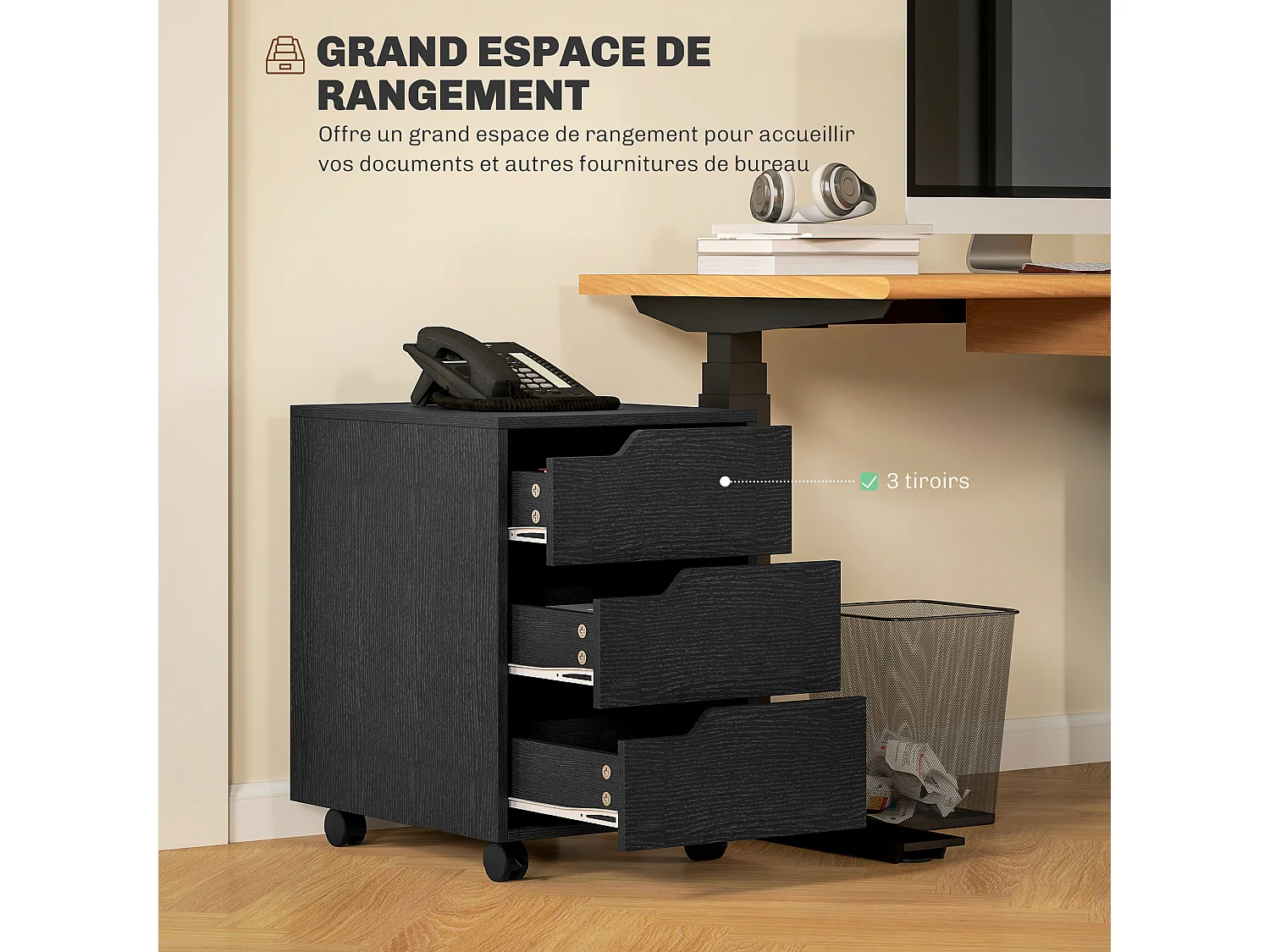 Caisson de bureau rangement sur roulettes 3 tiroirs verrouillables 40 x 50 x 57,5 cm MDF noir