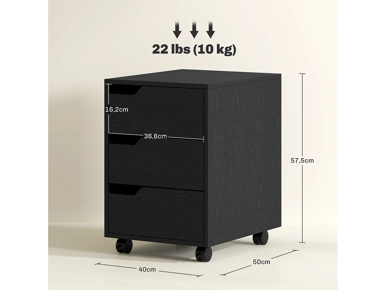 Caisson de bureau rangement sur roulettes 3 tiroirs verrouillables 40 x 50 x 57,5 cm MDF noir
