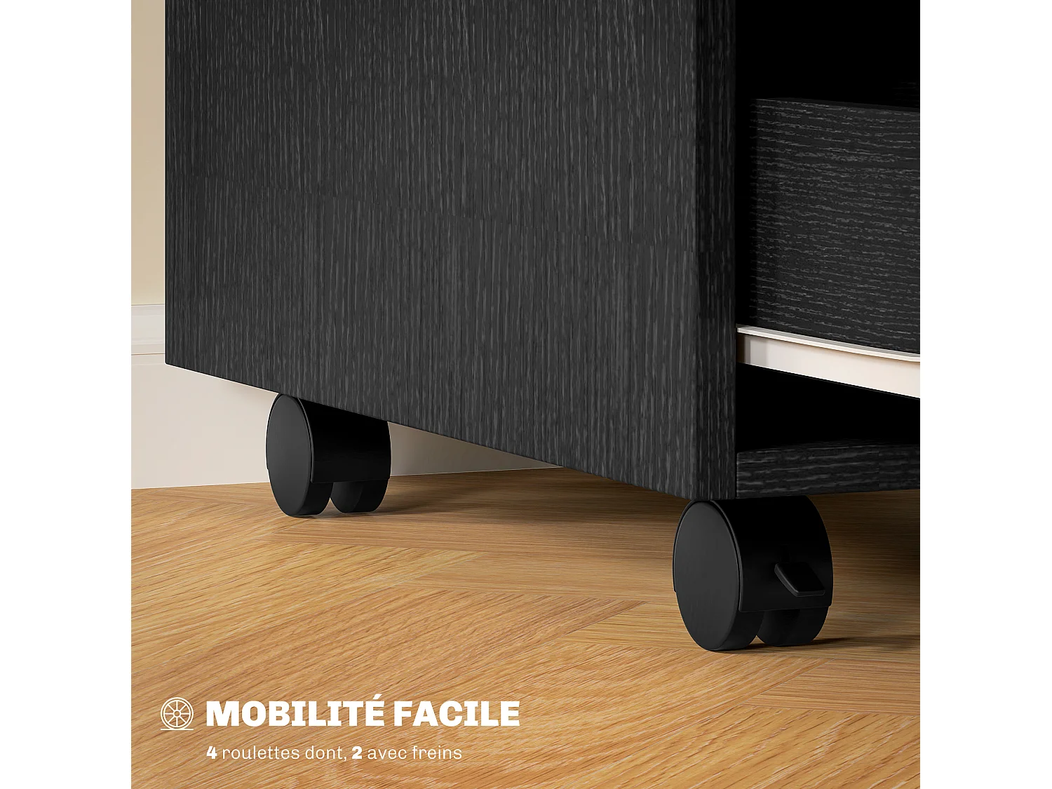 Caisson de bureau rangement sur roulettes 3 tiroirs verrouillables 40 x 50 x 57,5 cm MDF noir