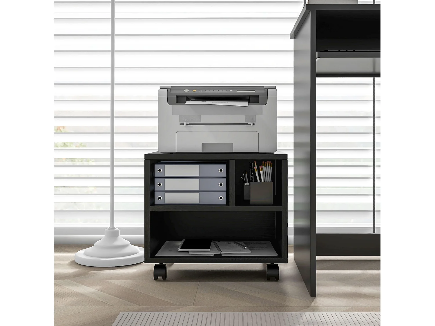 Support d'imprimante caisson de bureau 3 niches - dim. 40L x 30l x 36H cm - panneaux noir