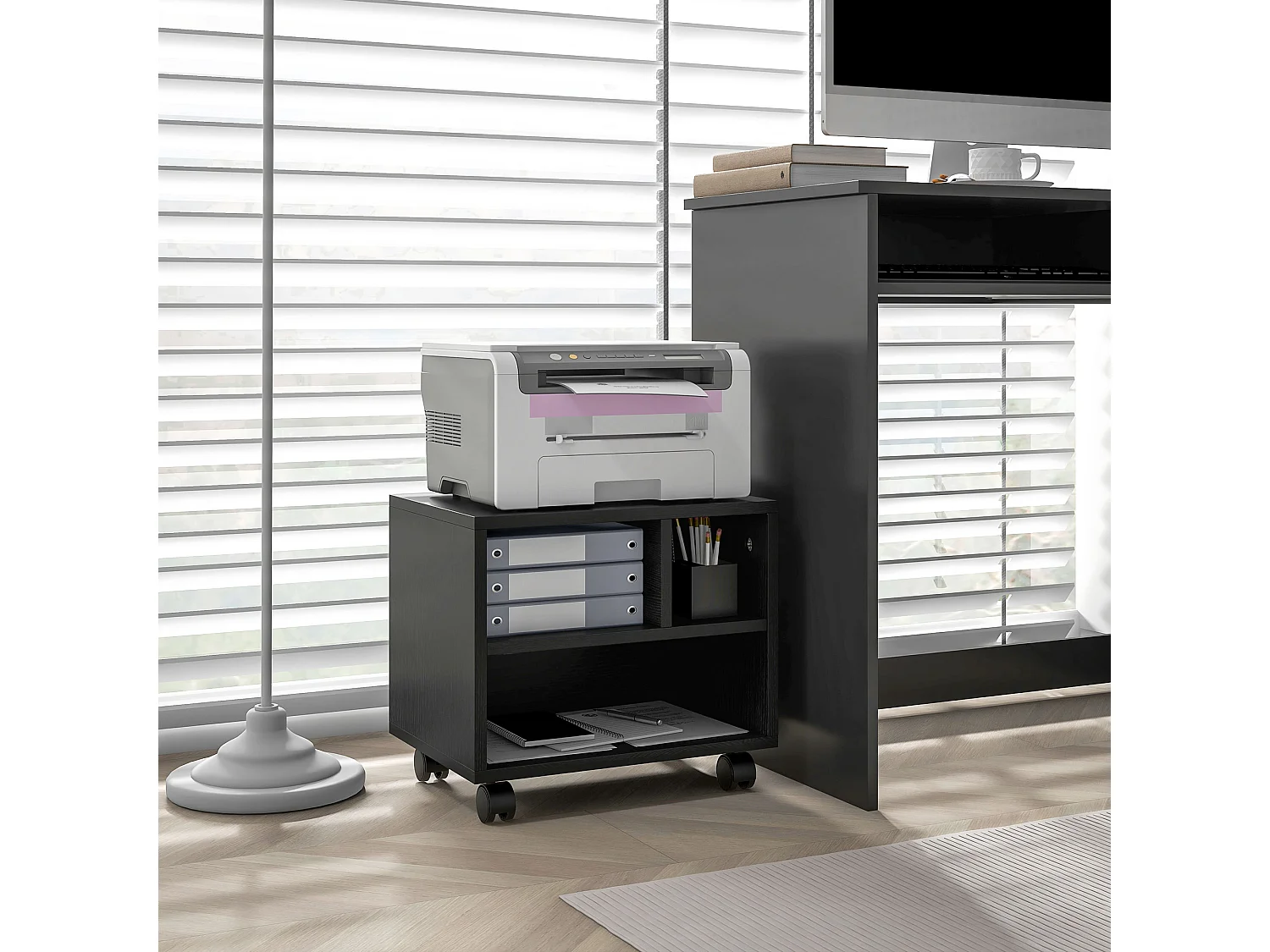 Support d'imprimante caisson de bureau 3 niches - dim. 40L x 30l x 36H cm - panneaux noir