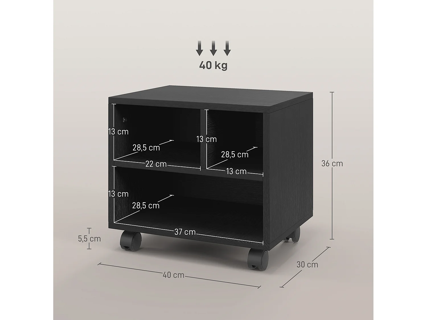 Support d'imprimante caisson de bureau 3 niches - dim. 40L x 30l x 36H cm - panneaux noir