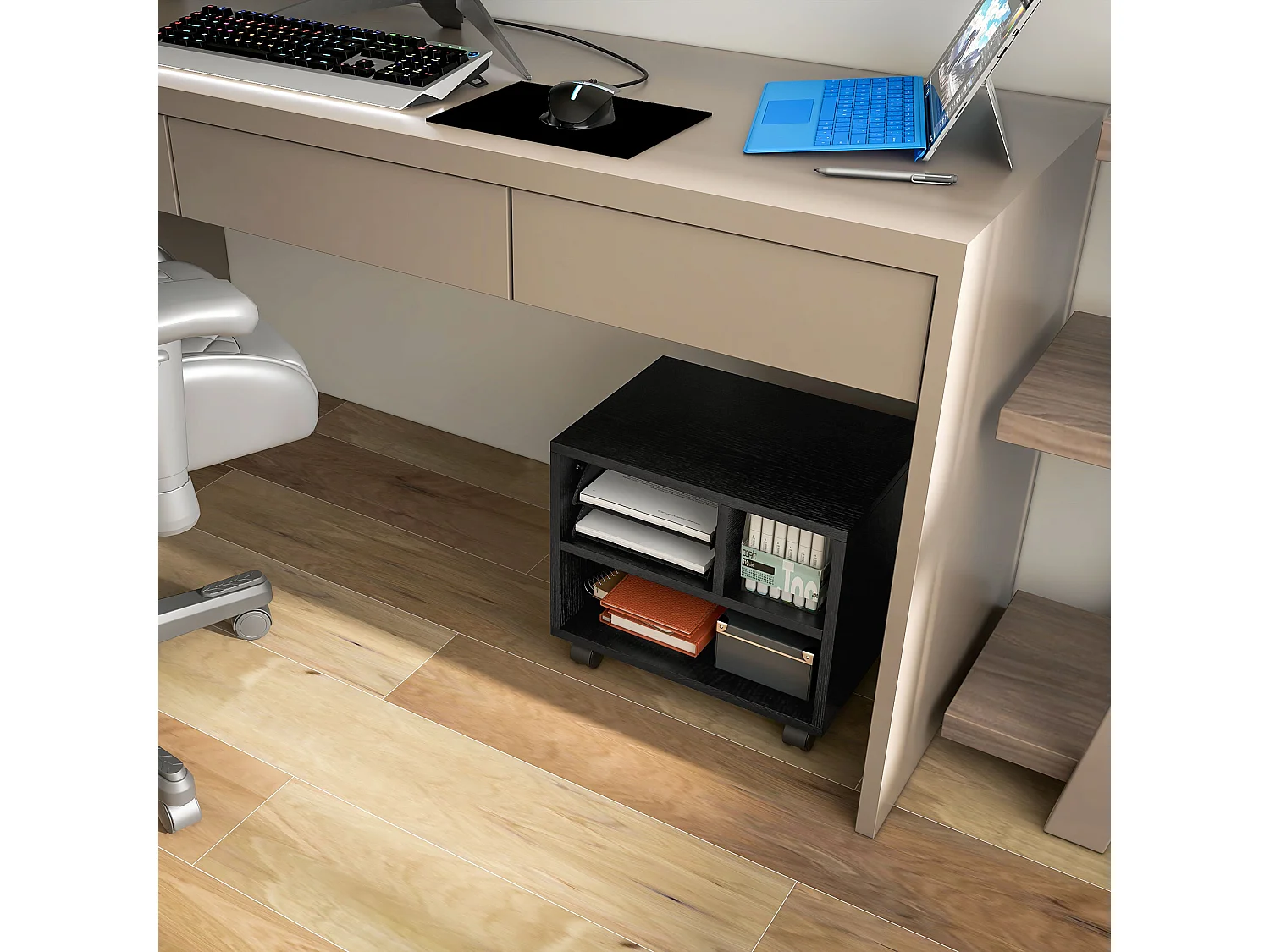 Support d'imprimante caisson de bureau 3 niches - dim. 40L x 30l x 36H cm - panneaux noir