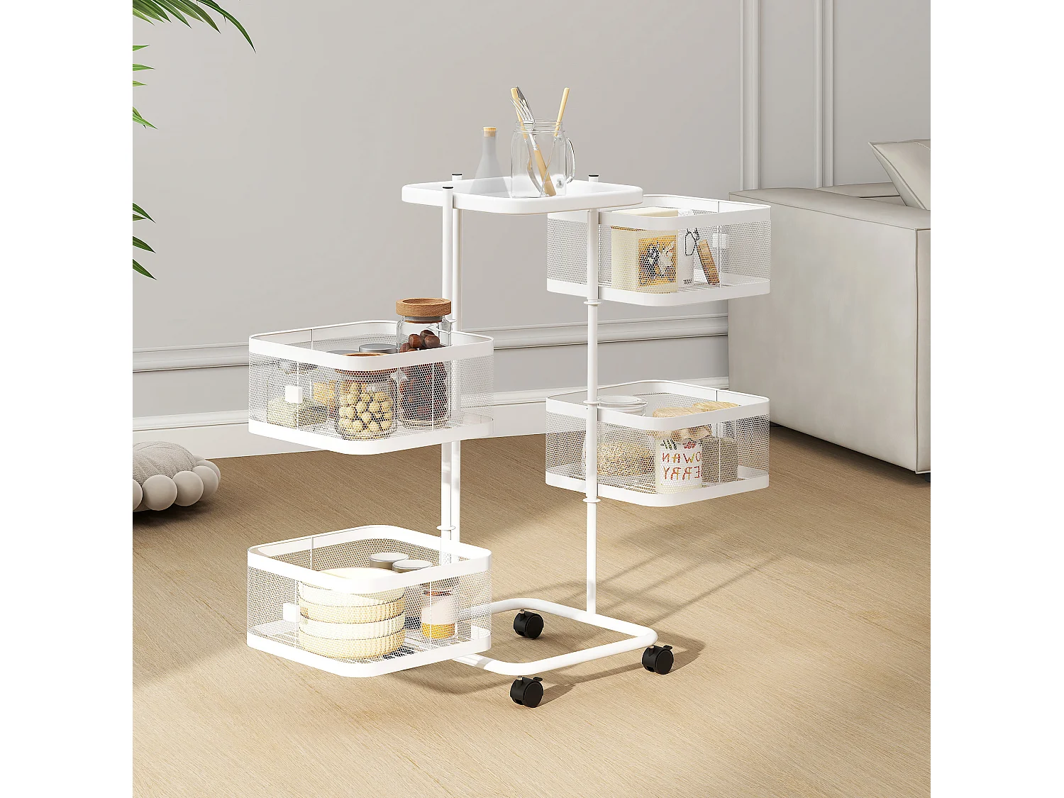 Resserre de cuisine 4 paniers rotatifs sur roues en métal H.77cm blanc