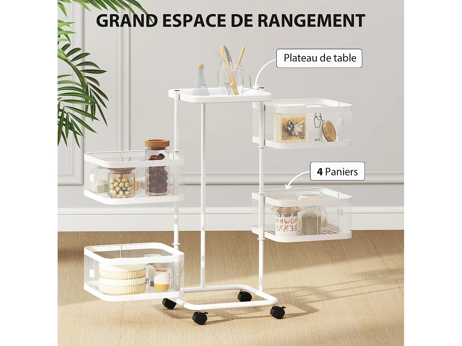 Resserre de cuisine 4 paniers rotatifs sur roues en métal H.77cm blanc