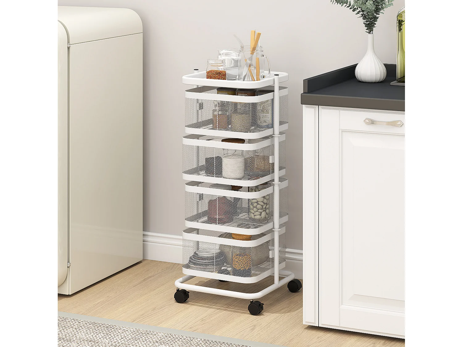 Resserre de cuisine 4 paniers rotatifs sur roues en métal H.77cm blanc