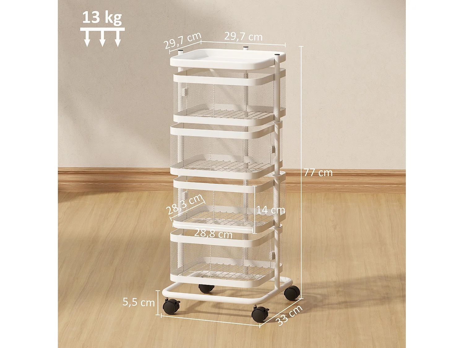 Resserre de cuisine 4 paniers rotatifs sur roues en métal H.77cm blanc