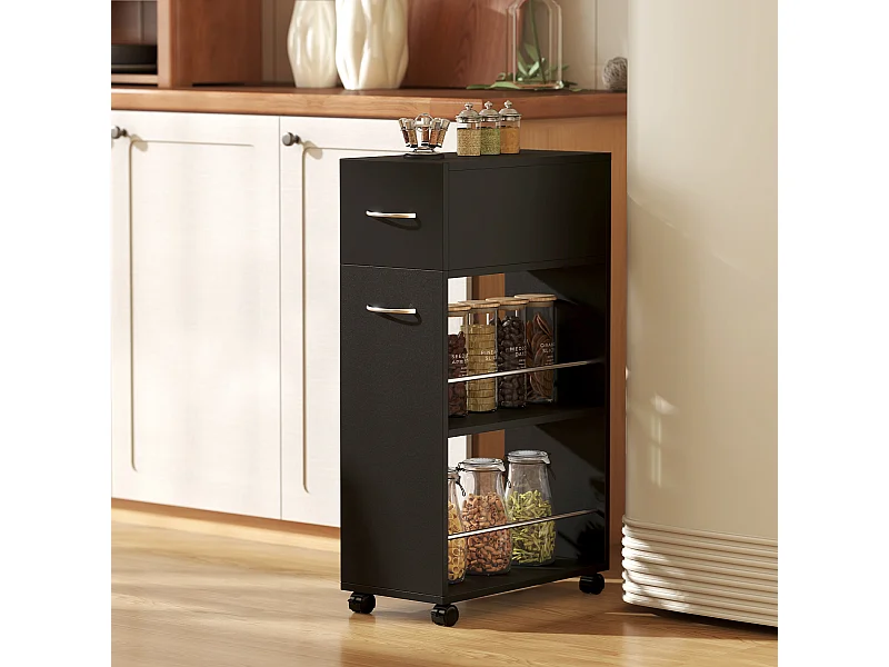 Chariot desserte de cuisine - tiroir, 2 étagères - dim. 25L x 50l x 85H cm - panneaux acier noir