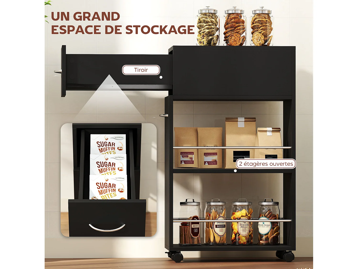 Chariot desserte de cuisine - tiroir, 2 étagères - dim. 25L x 50l x 85H cm - panneaux acier noir