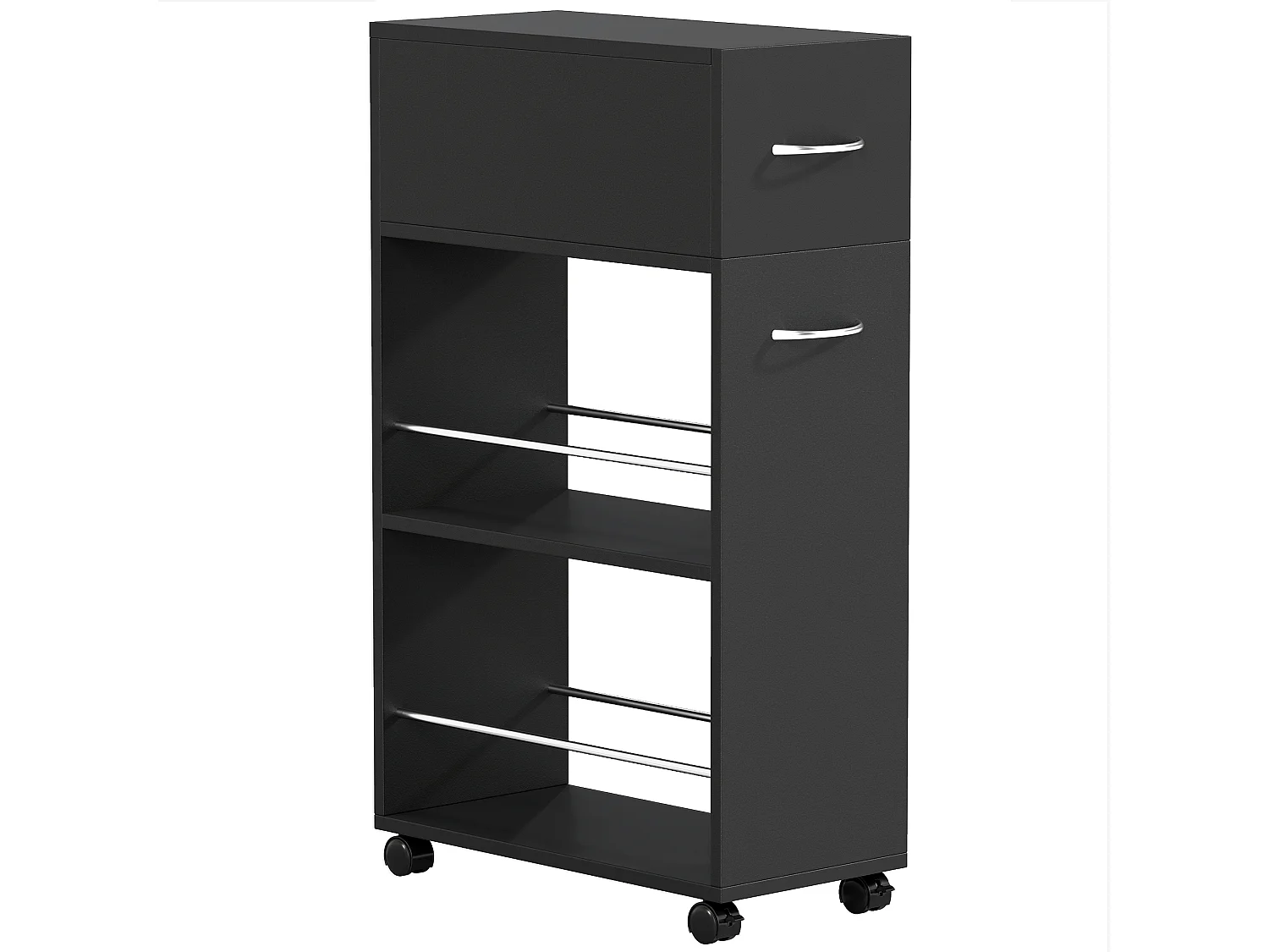 Chariot desserte de cuisine - tiroir, 2 étagères - dim. 25L x 50l x 85H cm - panneaux acier noir