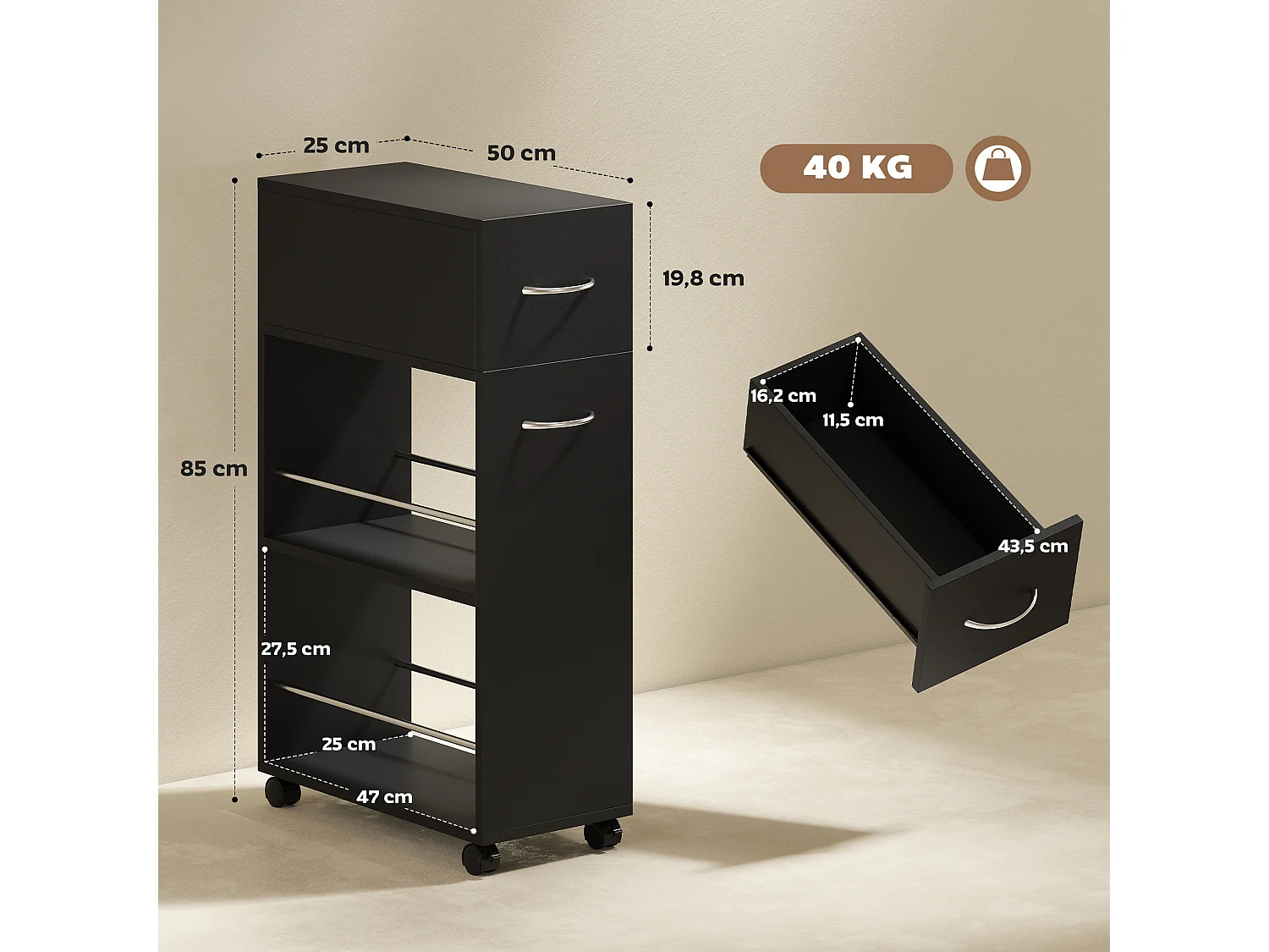 Chariot desserte de cuisine - tiroir, 2 étagères - dim. 25L x 50l x 85H cm - panneaux acier noir