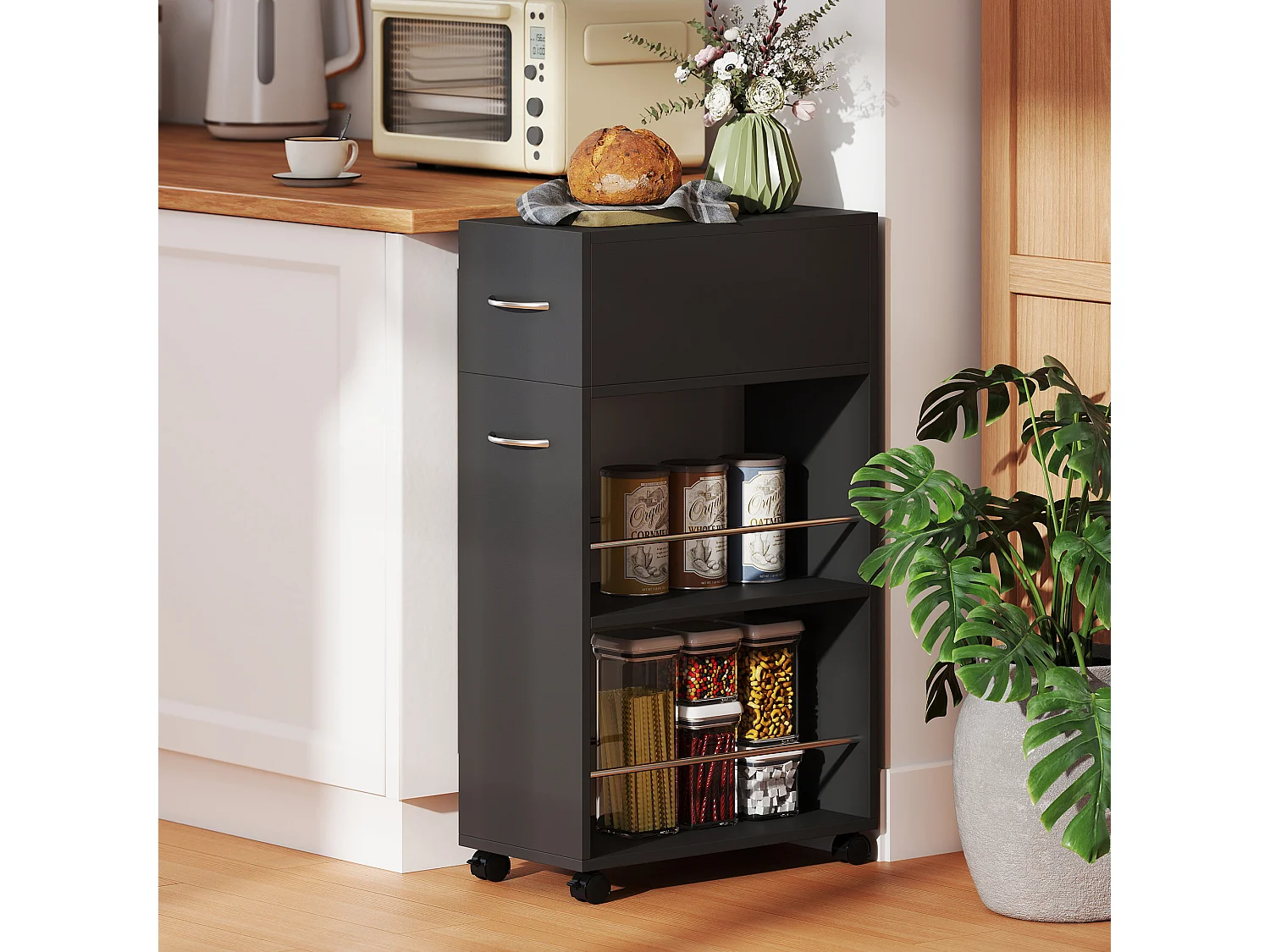 Chariot desserte de cuisine - tiroir, 2 étagères - dim. 25L x 50l x 85H cm - panneaux acier noir