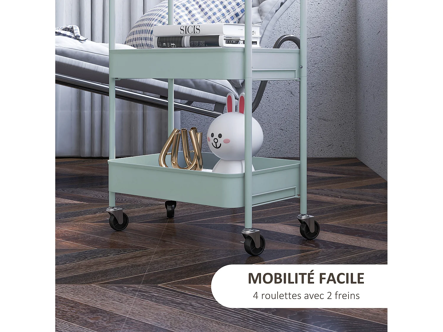 Desserte de cuisine style néo-rétro - 3 étagères - acier bleu pastel