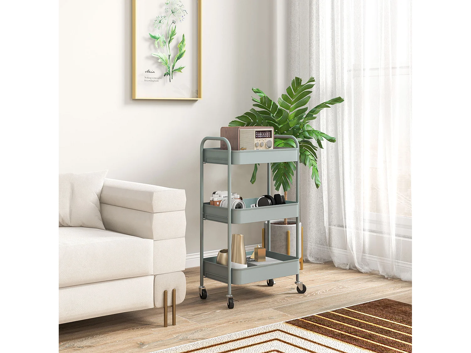 Desserte de cuisine style néo-rétro - 3 étagères - acier bleu pastel