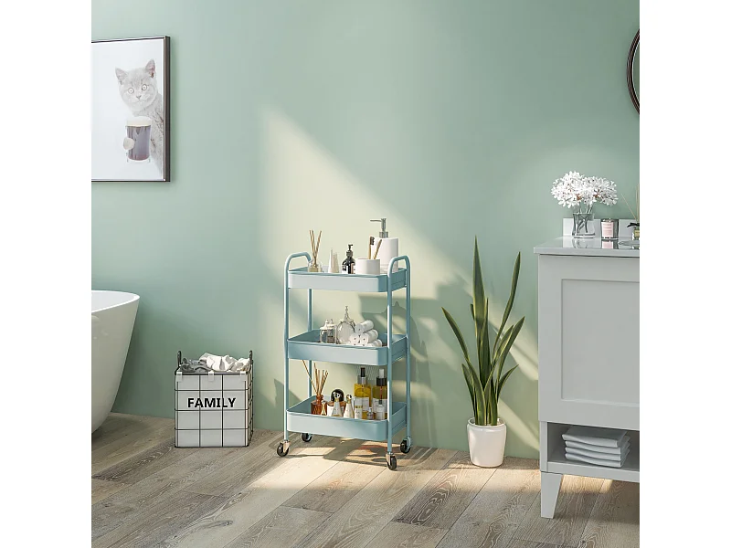 Desserte de cuisine style néo-rétro - 3 étagères - acier bleu pastel