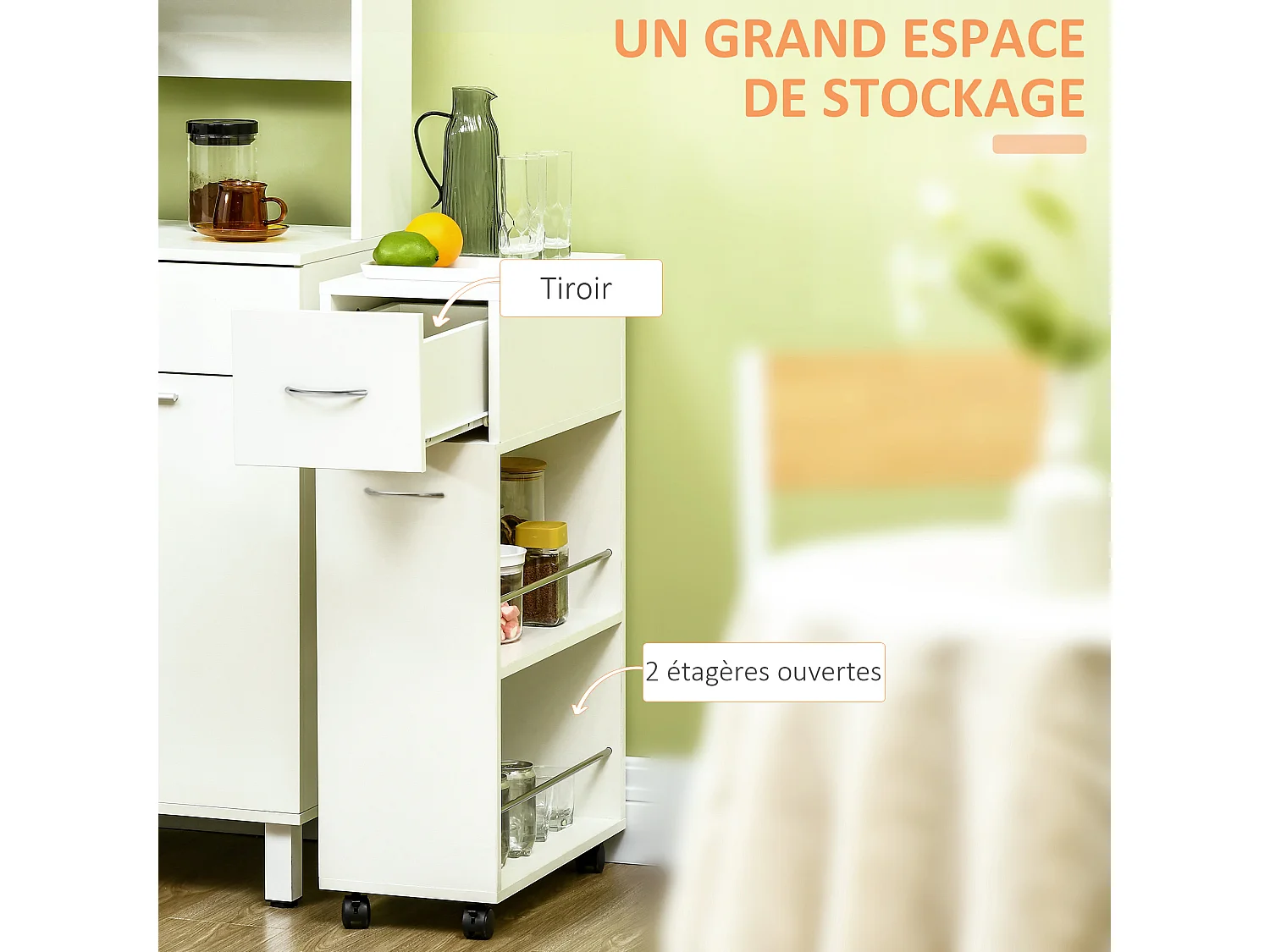 Chariot desserte de cuisine - tiroir, 2 étagères - dim. 25L x 50l x 85H cm - panneaux acier blanc