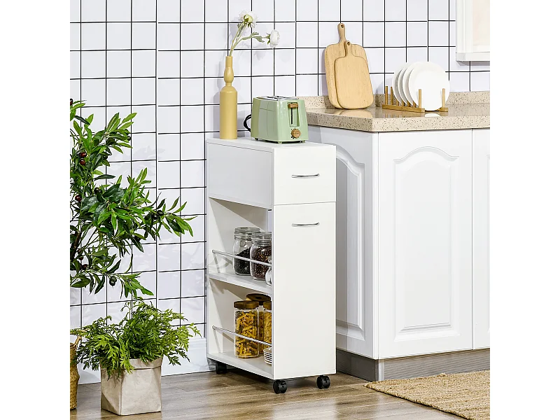 Chariot desserte de cuisine - tiroir, 2 étagères - dim. 25L x 50l x 85H cm - panneaux acier blanc