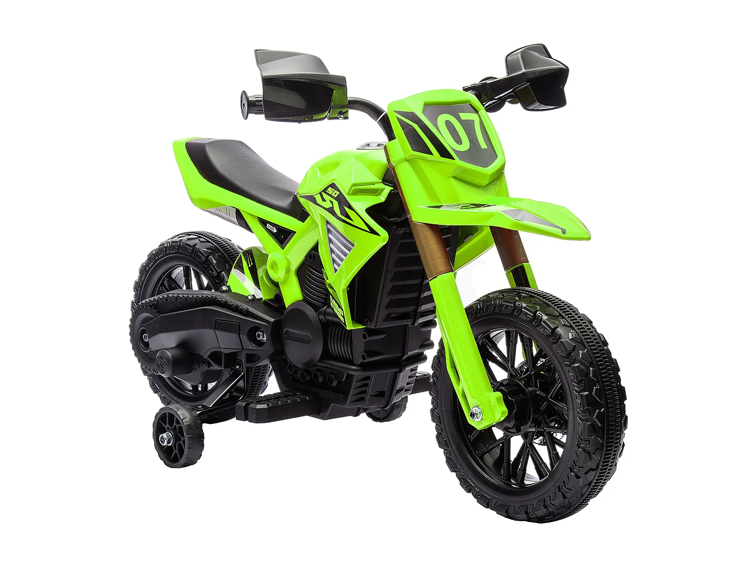Moto Cross électrique enfant 6 V 2 moteurs effets sonores max. 3 Km/h 30 Kg avec stabilisateurs vert
