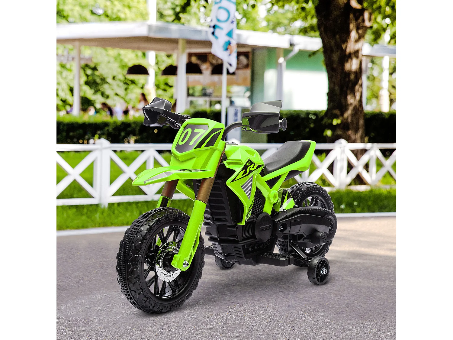 Moto Cross électrique enfant 6 V 2 moteurs effets sonores max. 3 Km/h 30 Kg avec stabilisateurs vert