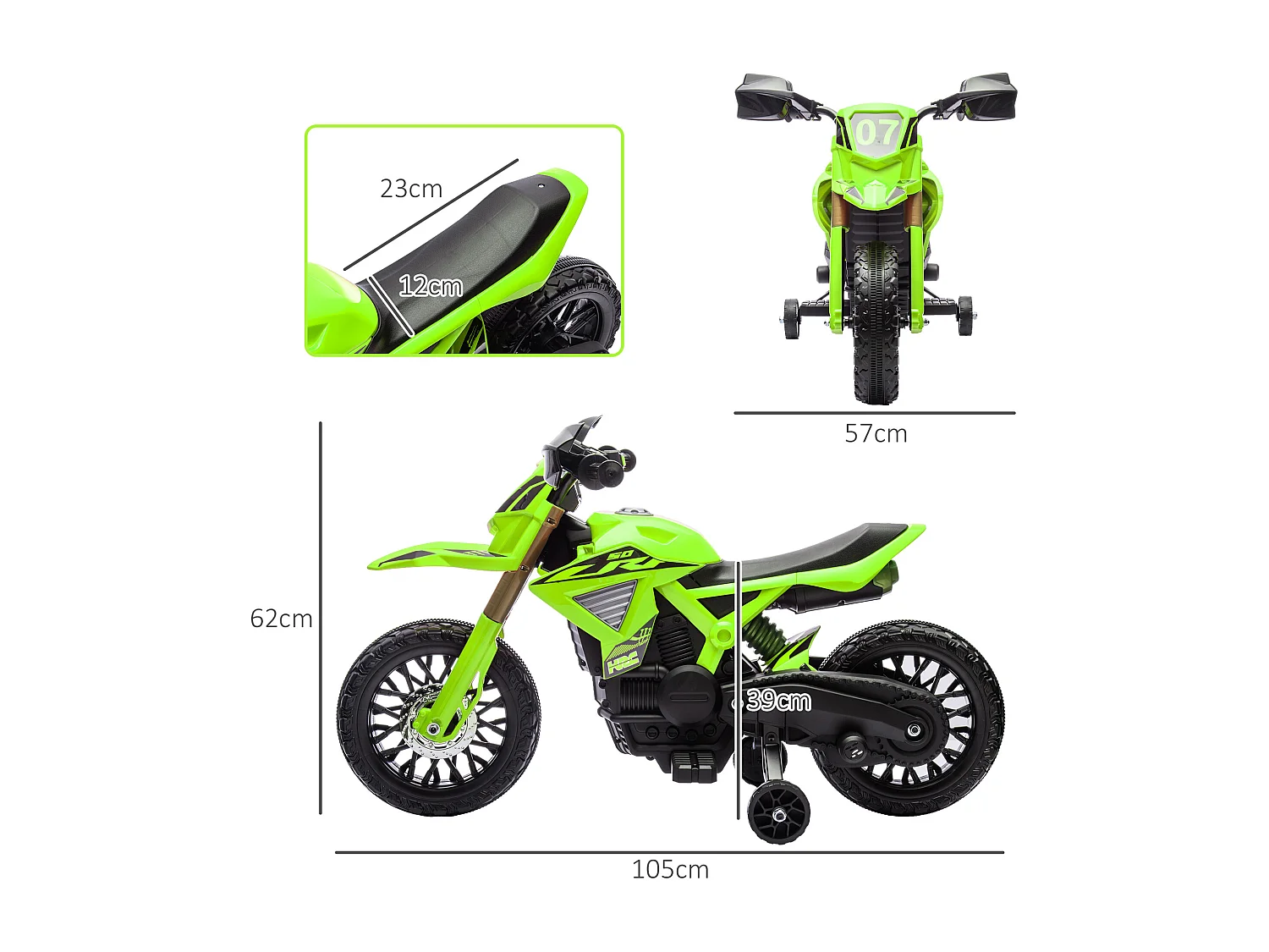 Moto Cross électrique enfant 6 V 2 moteurs effets sonores max. 3 Km/h 30 Kg avec stabilisateurs vert