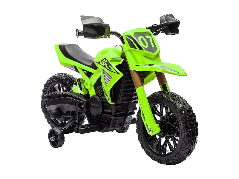 Moto Cross électrique enfant 6 V 2 moteurs effets sonores max. 3 Km/h 30 Kg avec stabilisateurs vert