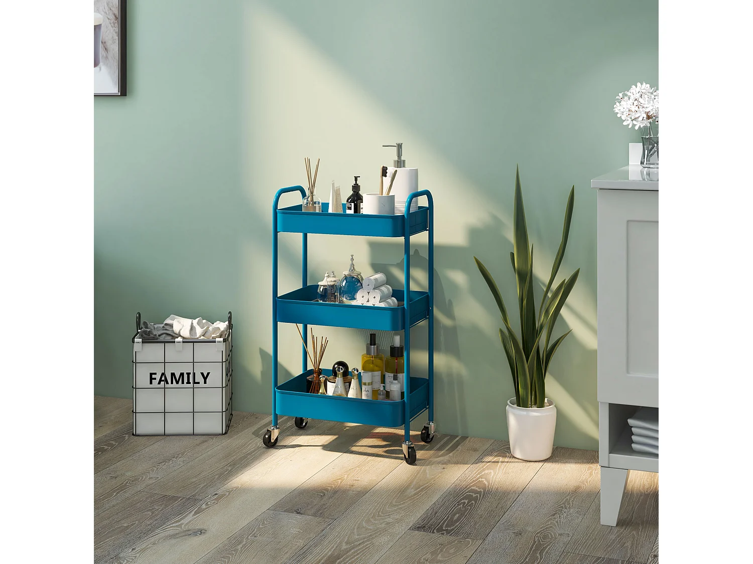 Desserte de cuisine style néo-rétro - 3 étagères - acier bleu foncé