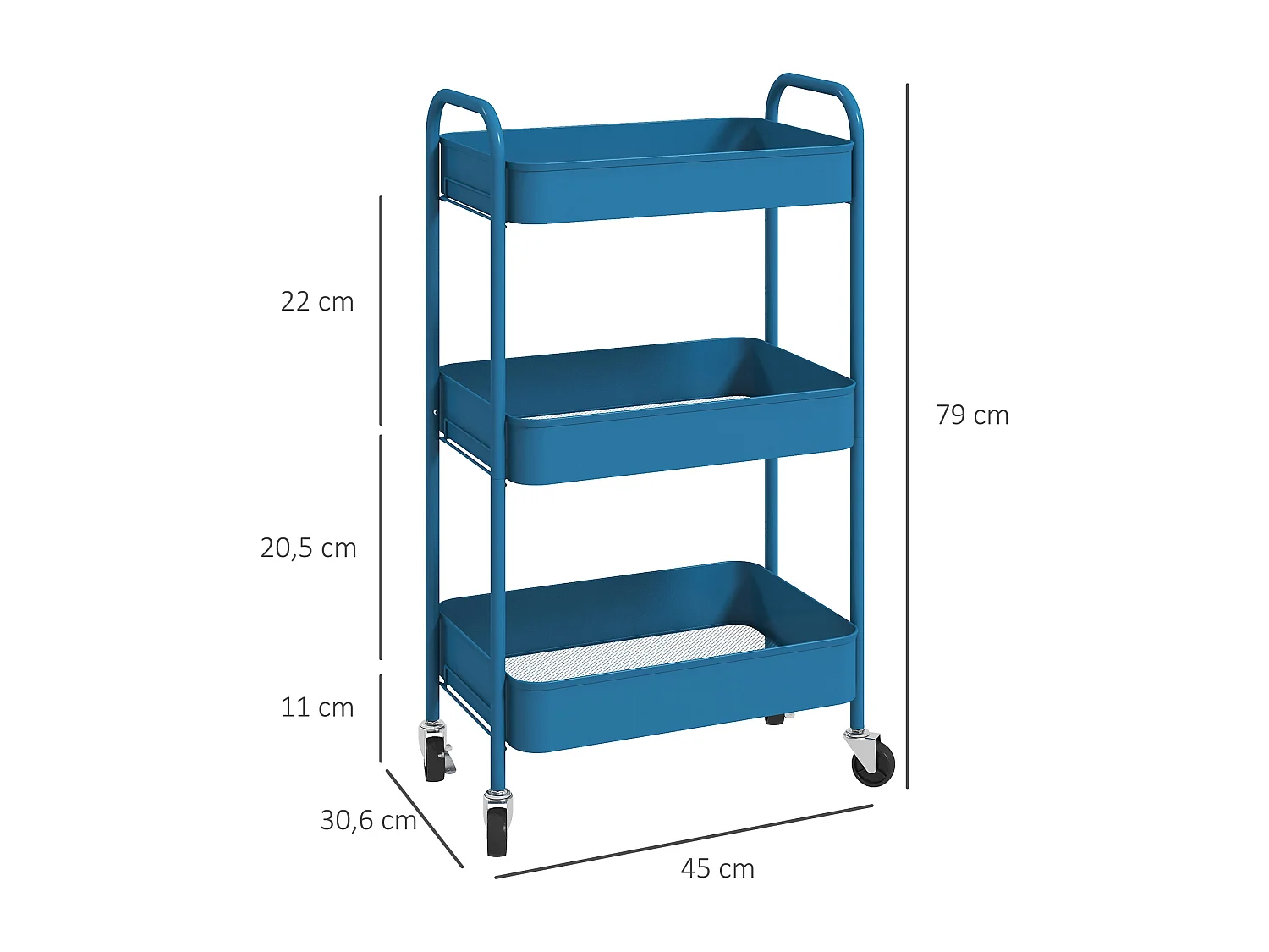Desserte de cuisine style néo-rétro - 3 étagères - acier bleu foncé