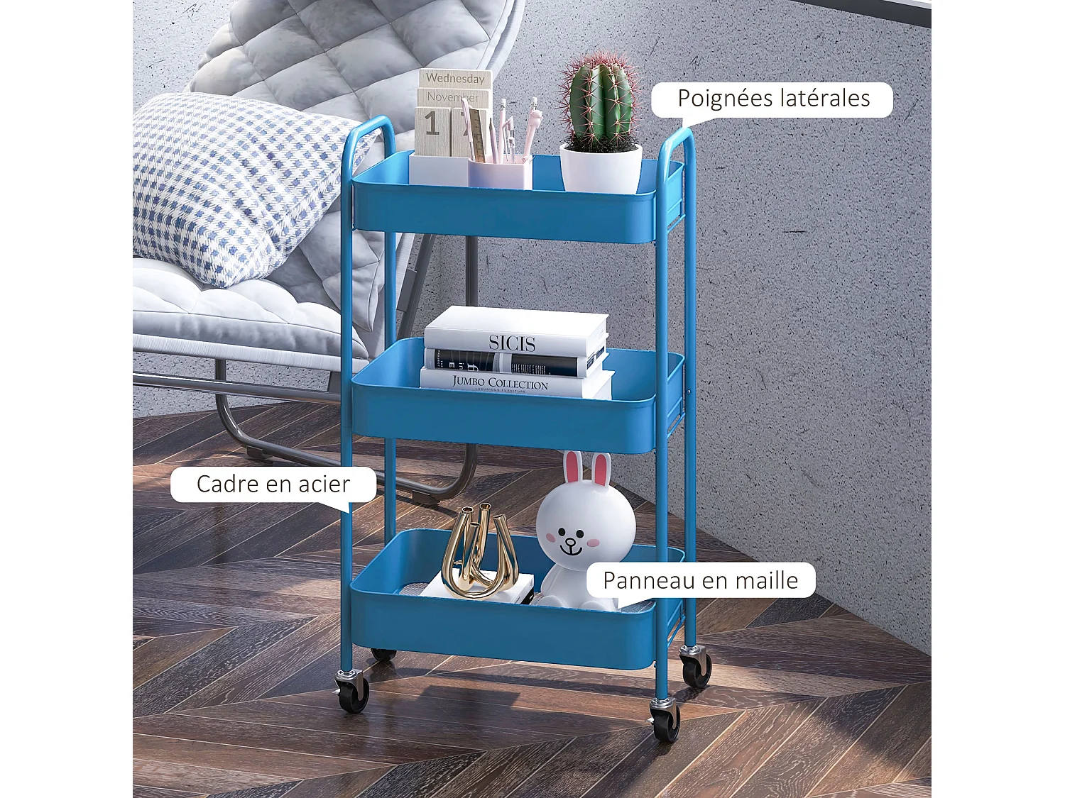 Desserte de cuisine style néo-rétro - 3 étagères - acier bleu foncé