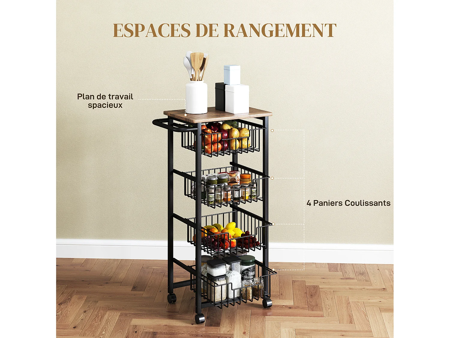 Desserte cuisine 4 paniers 4 roulettes pivotantes poignée acier noir plateau effet bois