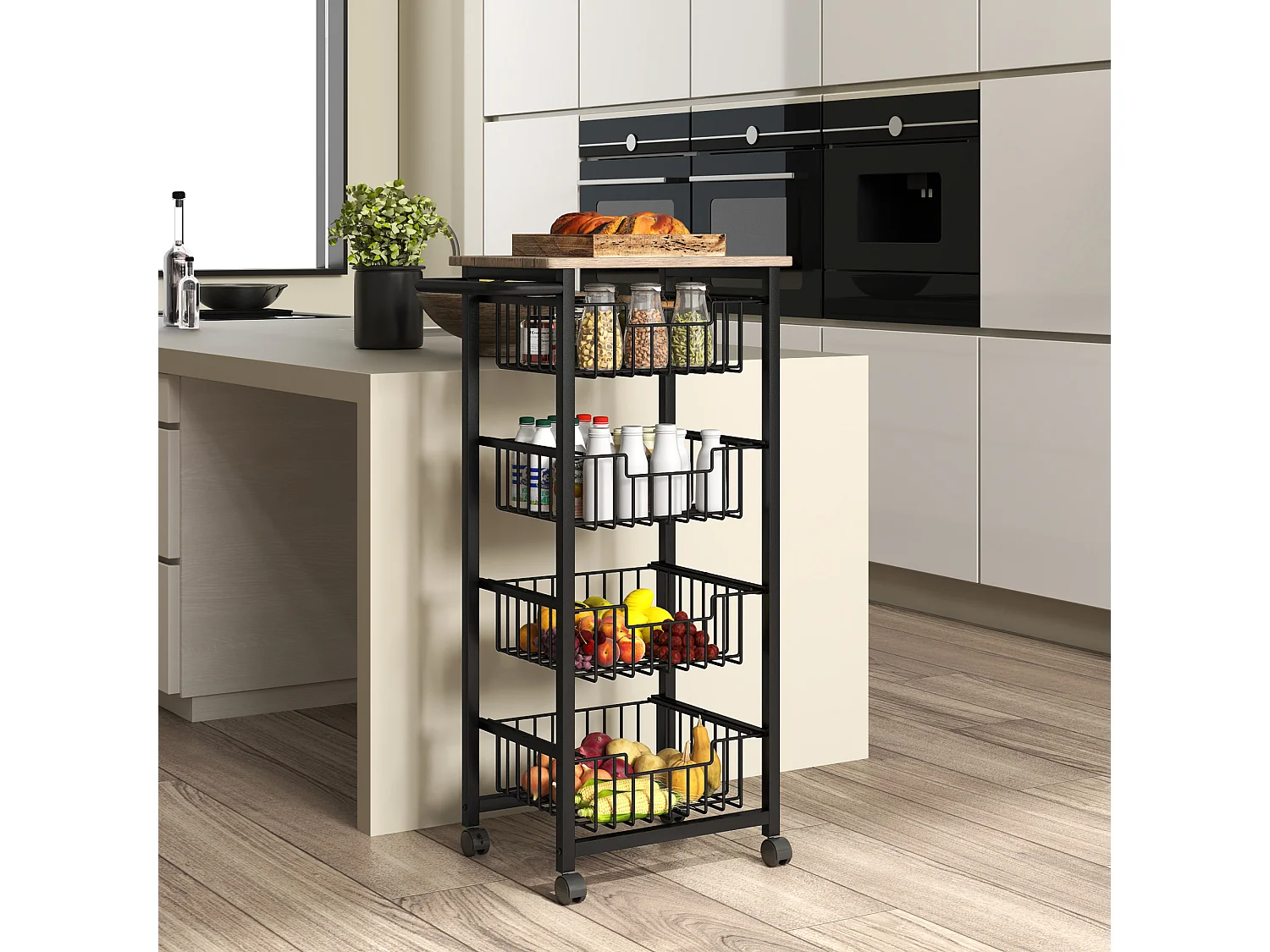 Desserte cuisine 4 paniers 4 roulettes pivotantes poignée acier noir plateau effet bois