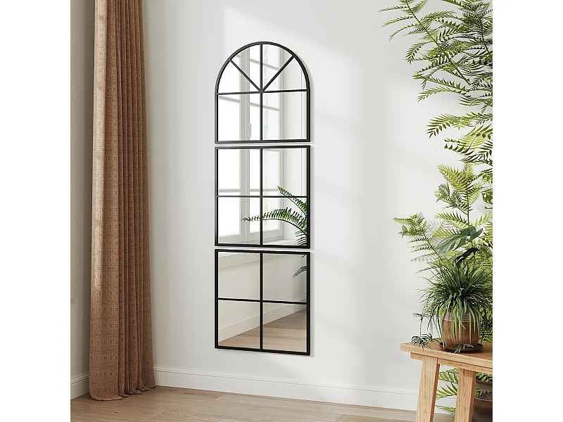 Miroir atelier - miroir triptyque métal 60x180 cm - miroir mural style verrière ensemble de 3 pièces - noir